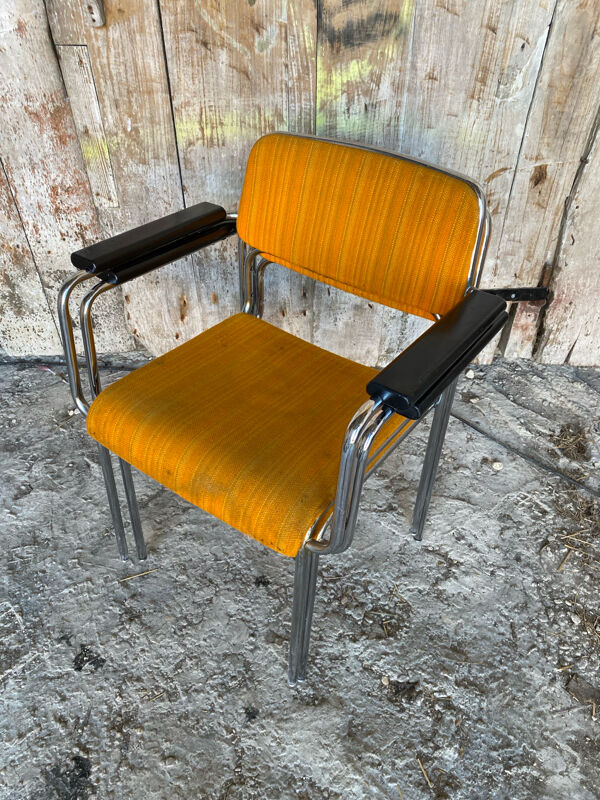 Paire Fauteuil Ancien Métal Chromé + Tissu Orange + Bois 1970 Vintage