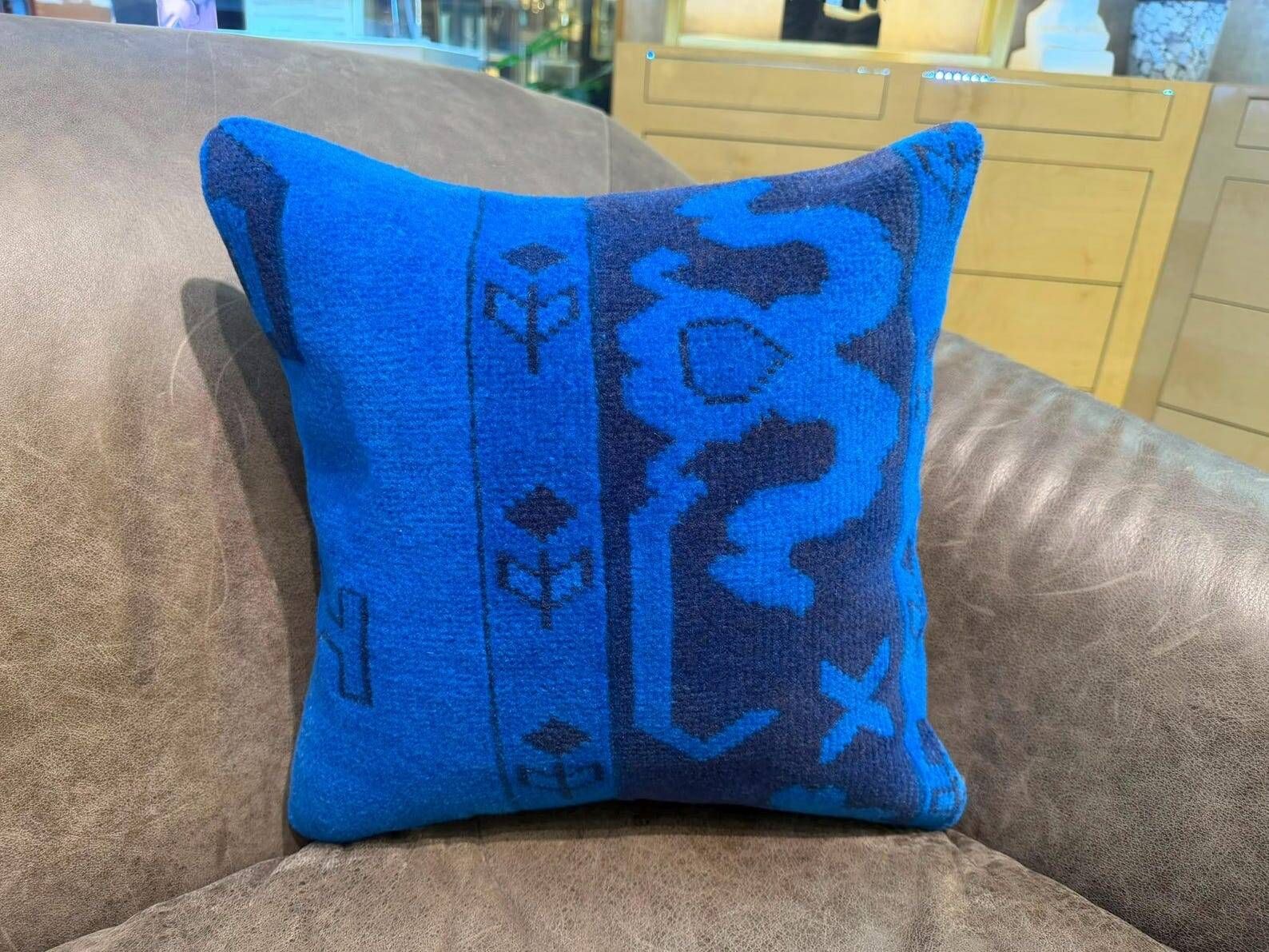 Asymmetric Blue Turkish Rug Pillow, 16x16 Square Wool Cushion Cover