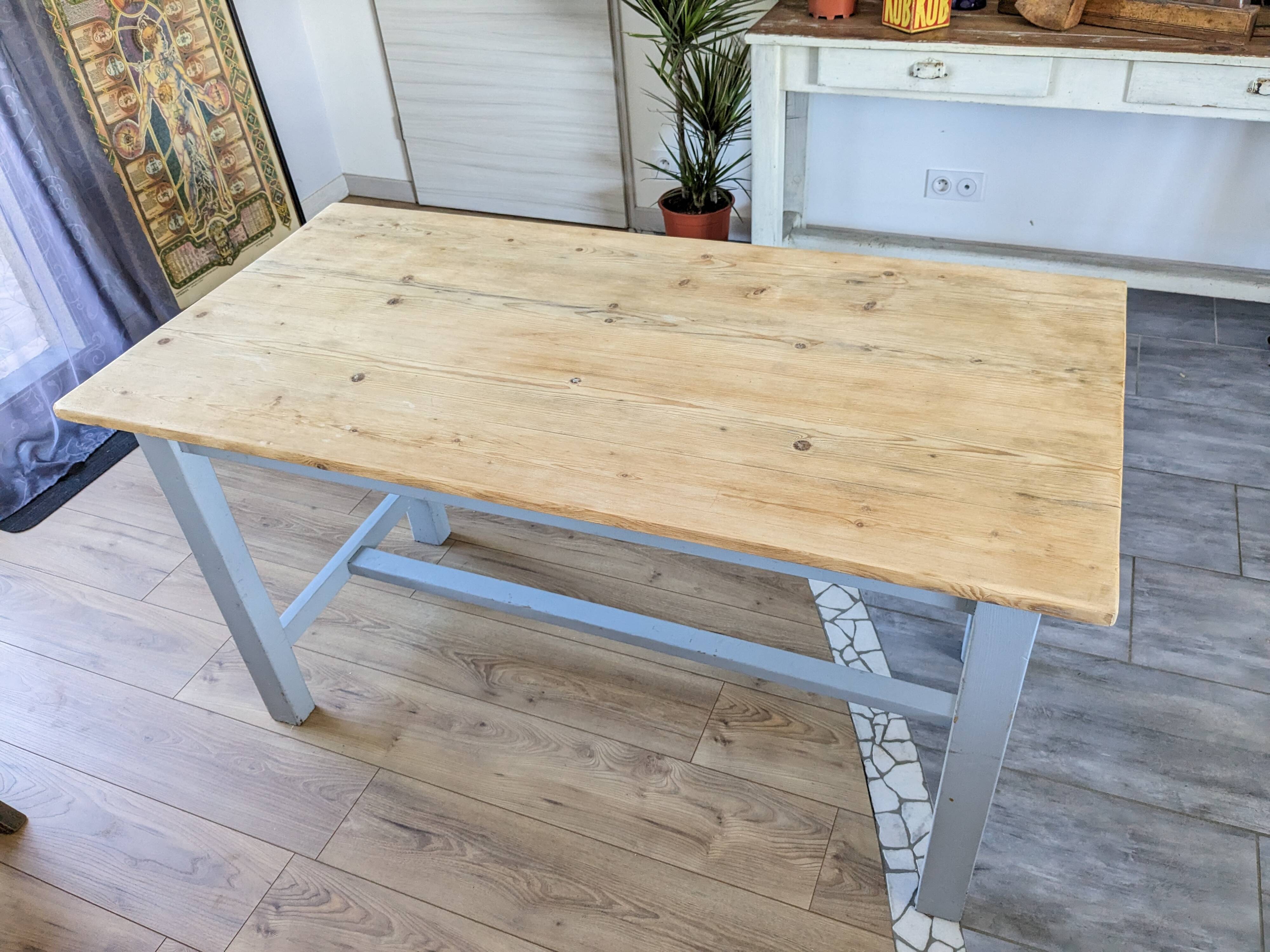Sky blue and light wood farm table early 20th century 138 cm