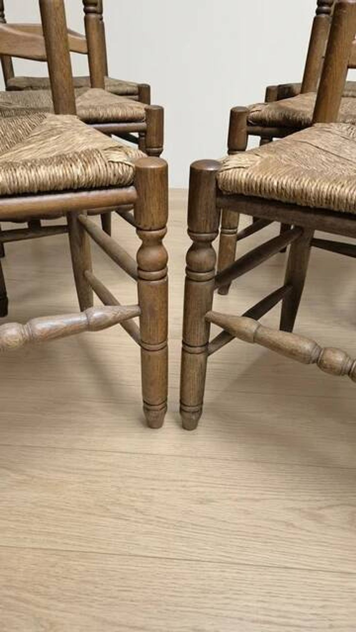 Set of 6 vintage wooden ladder-back dining chairs with woven seats