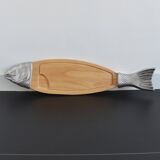 Fish serving tray / Wood & cast aluminum 1970s vintage