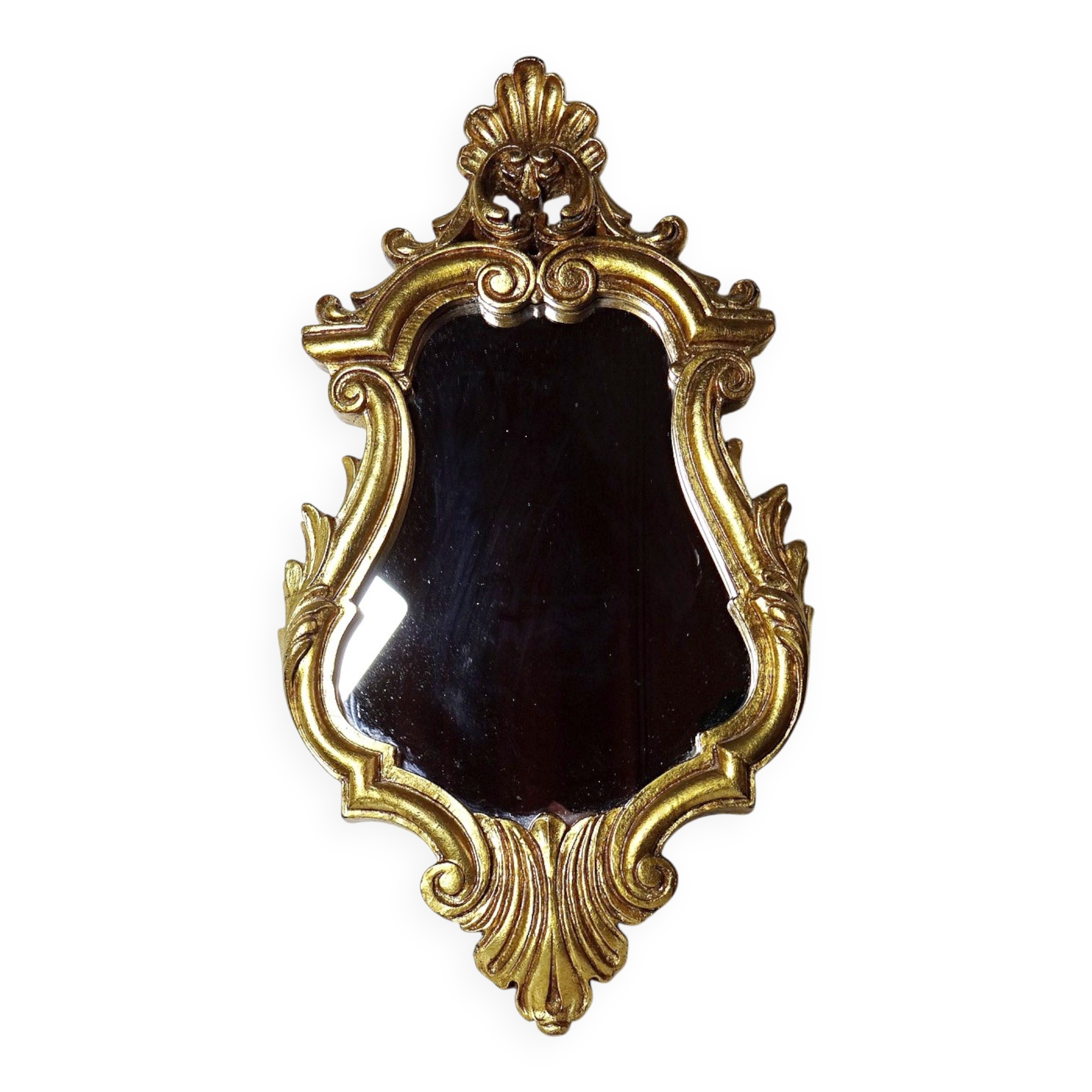Vintage Rococo wall mirror, gold, Italy, circa 1950-1970, wood and gilded stucco.