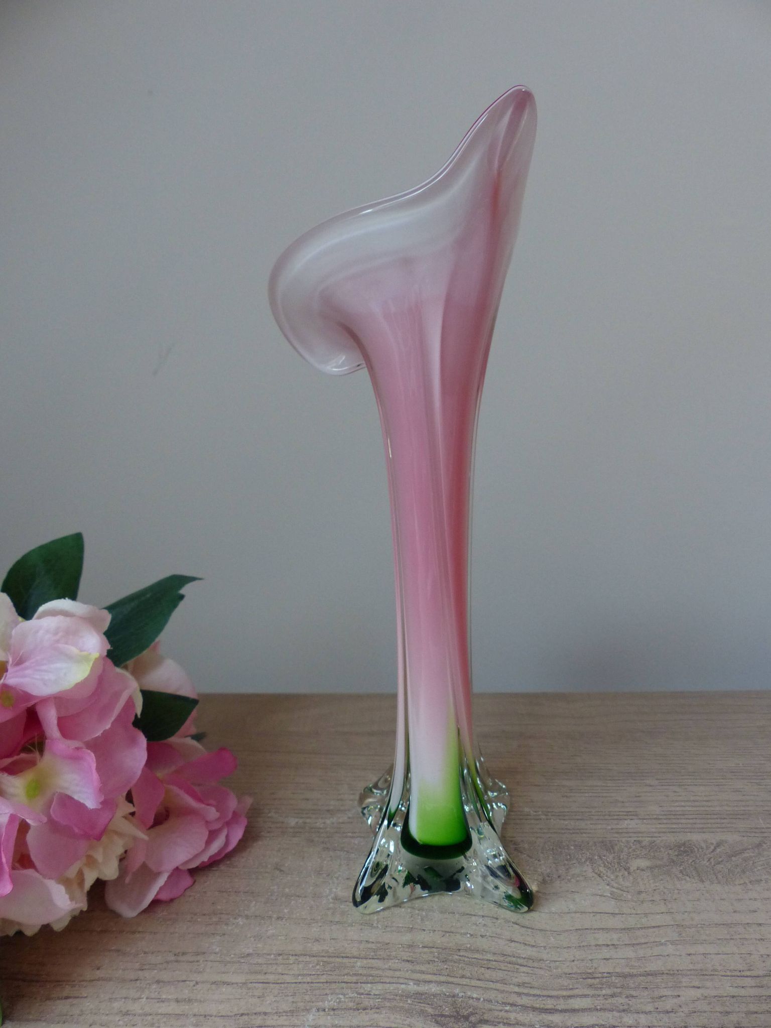 Vintage coloured blown glass vase in the shape of a calla lily.