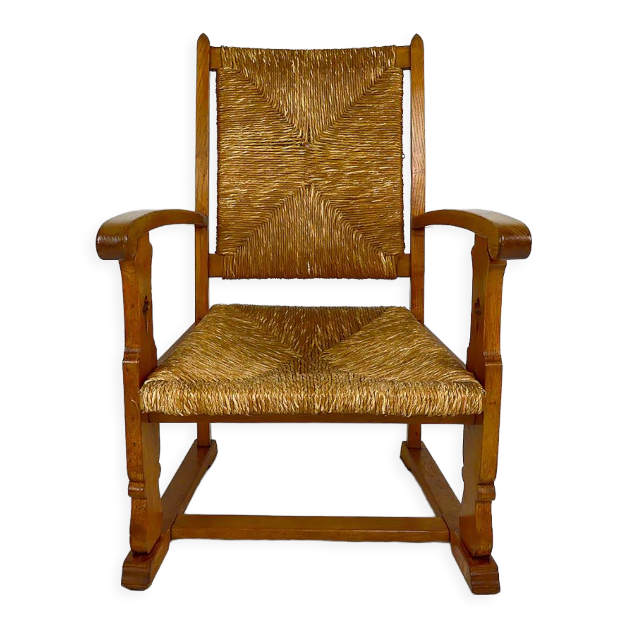 Gothic Art & Crafts armchair in oak and mulched seat, circa 1900