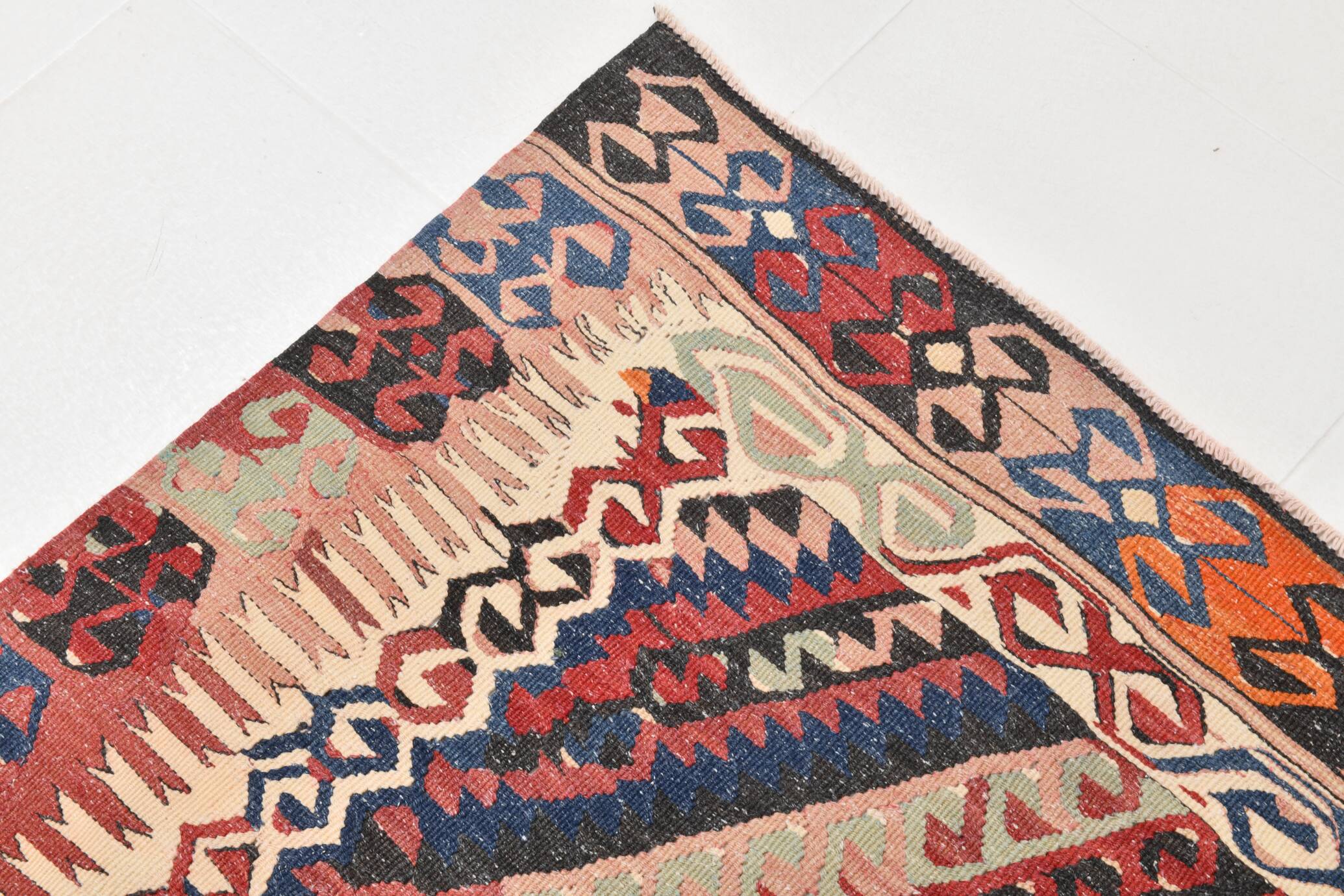 Kilim Ancien Fait Main en Laine Rouge et Bleu,Tapis Plat Vintage,165x231 Cm