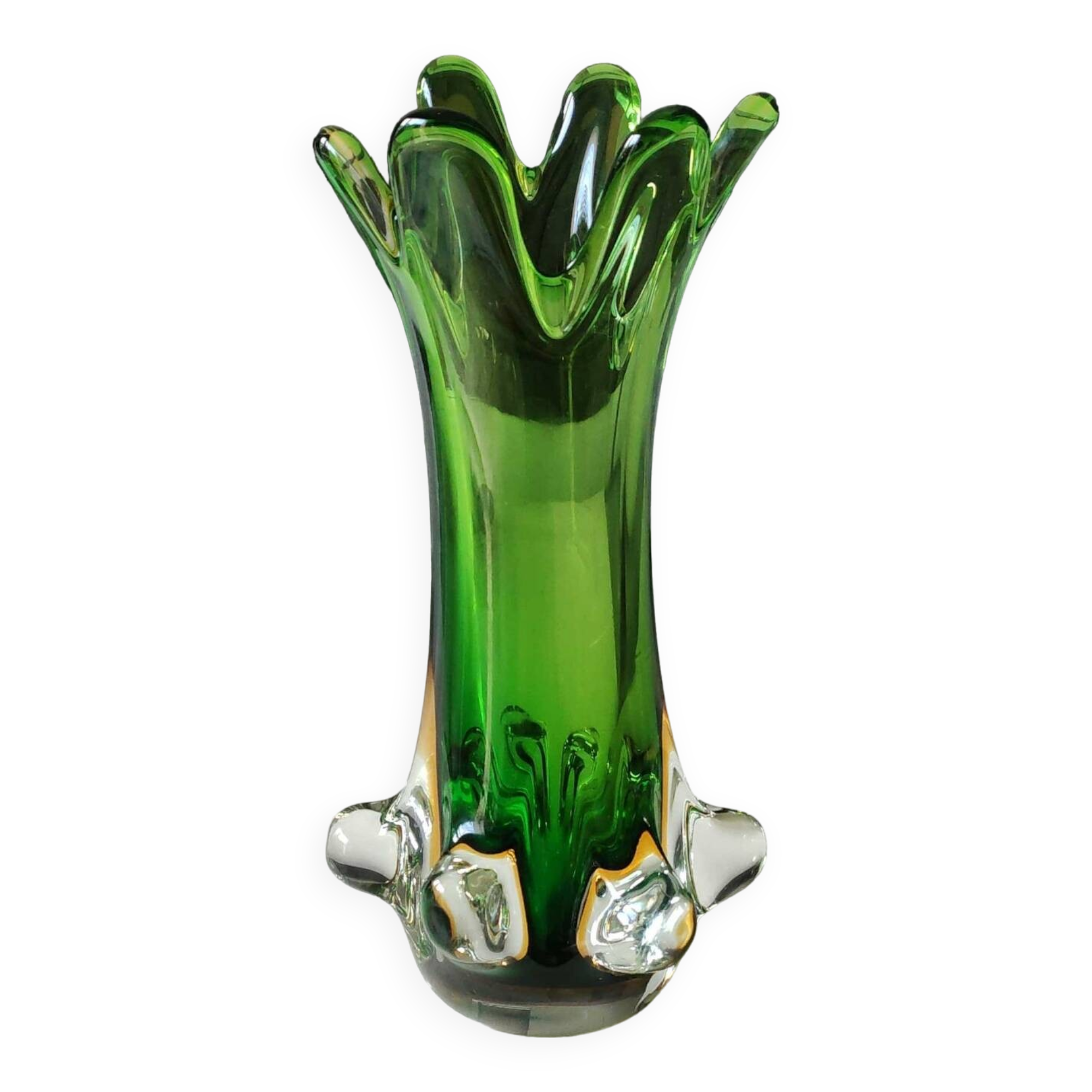 Murano/Flavio Poli vase. Blown art glass, green/amber tones. Organic floral shape. Height 28 cm