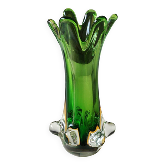 Vase Murano/Flavio Poli. En verre d Art soufflé,tons verts/ambrés. Forme florale organique. Haut 28 cm