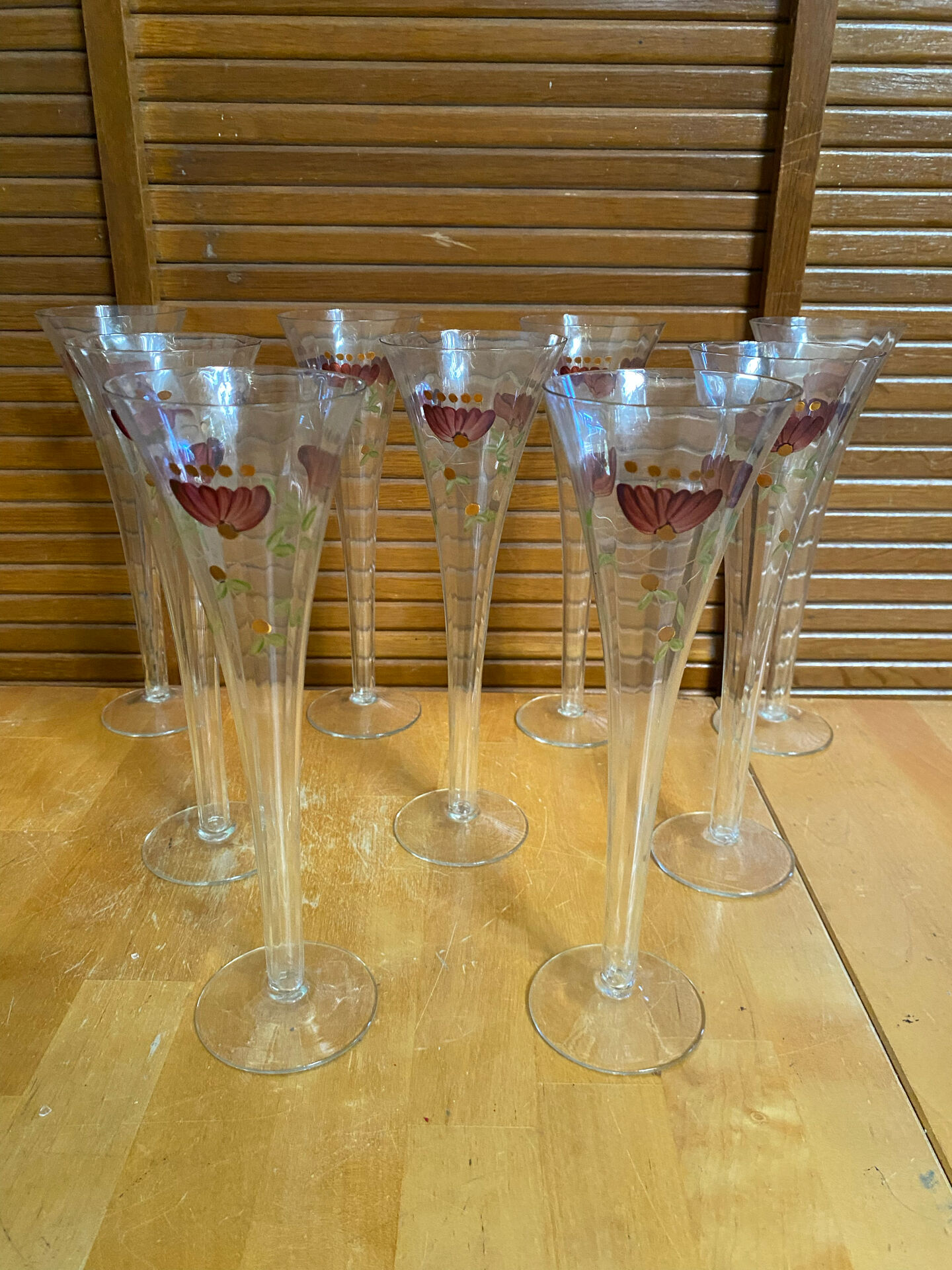 Series 9 Champagne Flutes Fine Glass Hand-Painted Floral Decor Vintage #E3