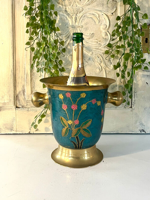 Refroidisseur en émail cloisonné, floral en laiton, vintage français, bleu, champagne.