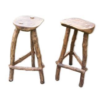 Pair of brutalist tripod oak stools