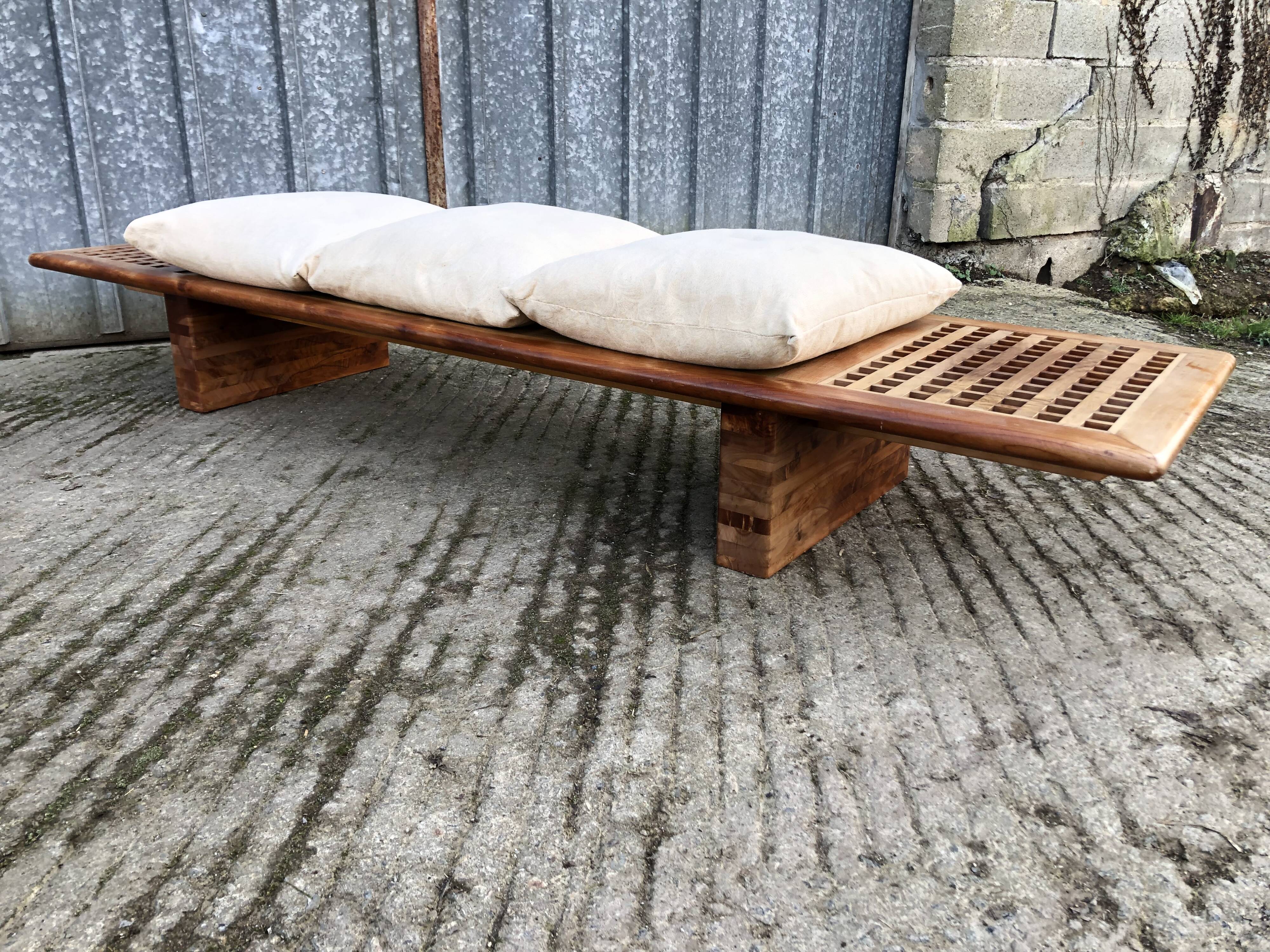 Vintage Yew Wood Bench with 3 Cushions