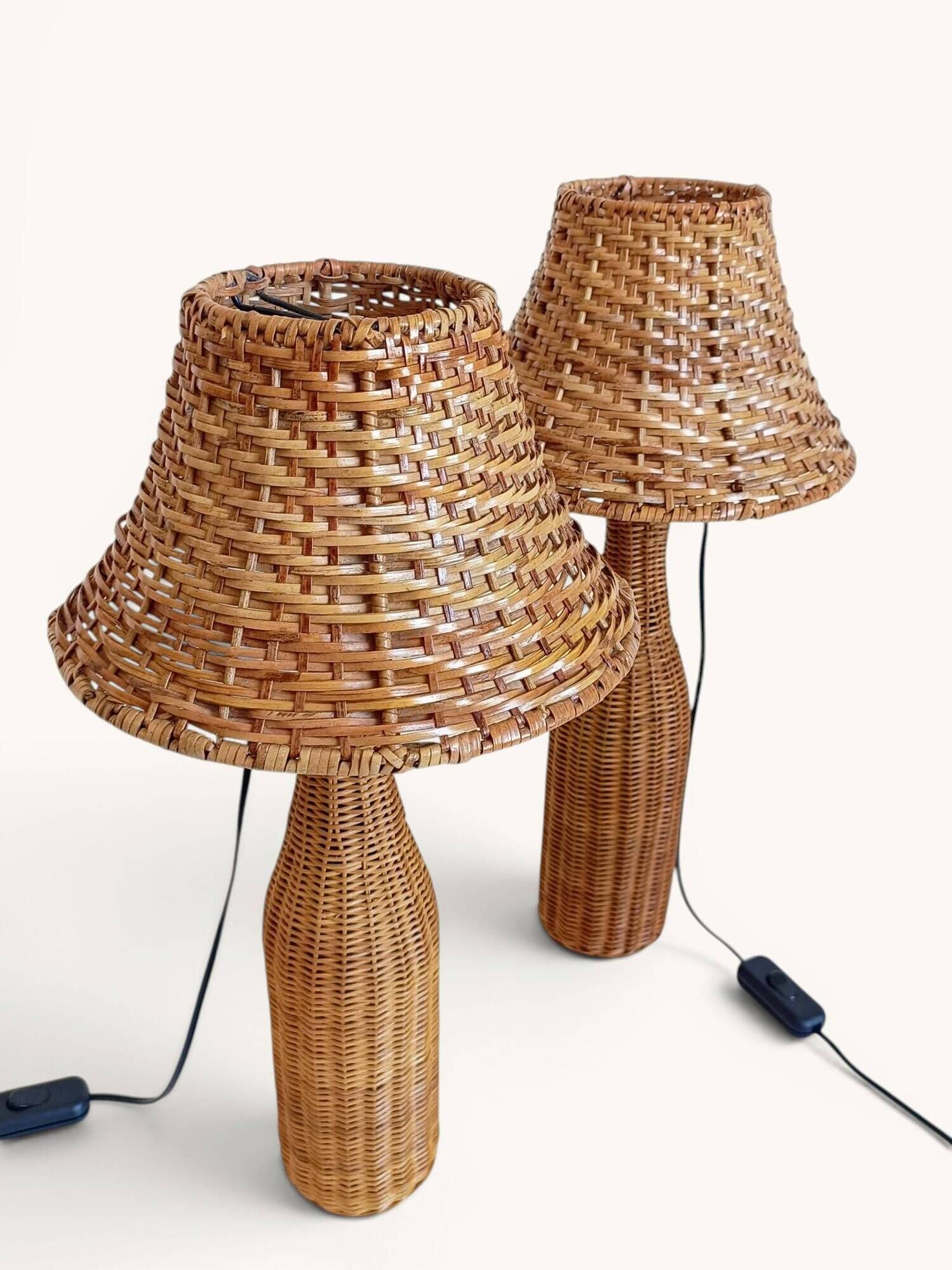 Pair of Table Lamps in Handwoven Wicker and Rattan, France, 1960s
