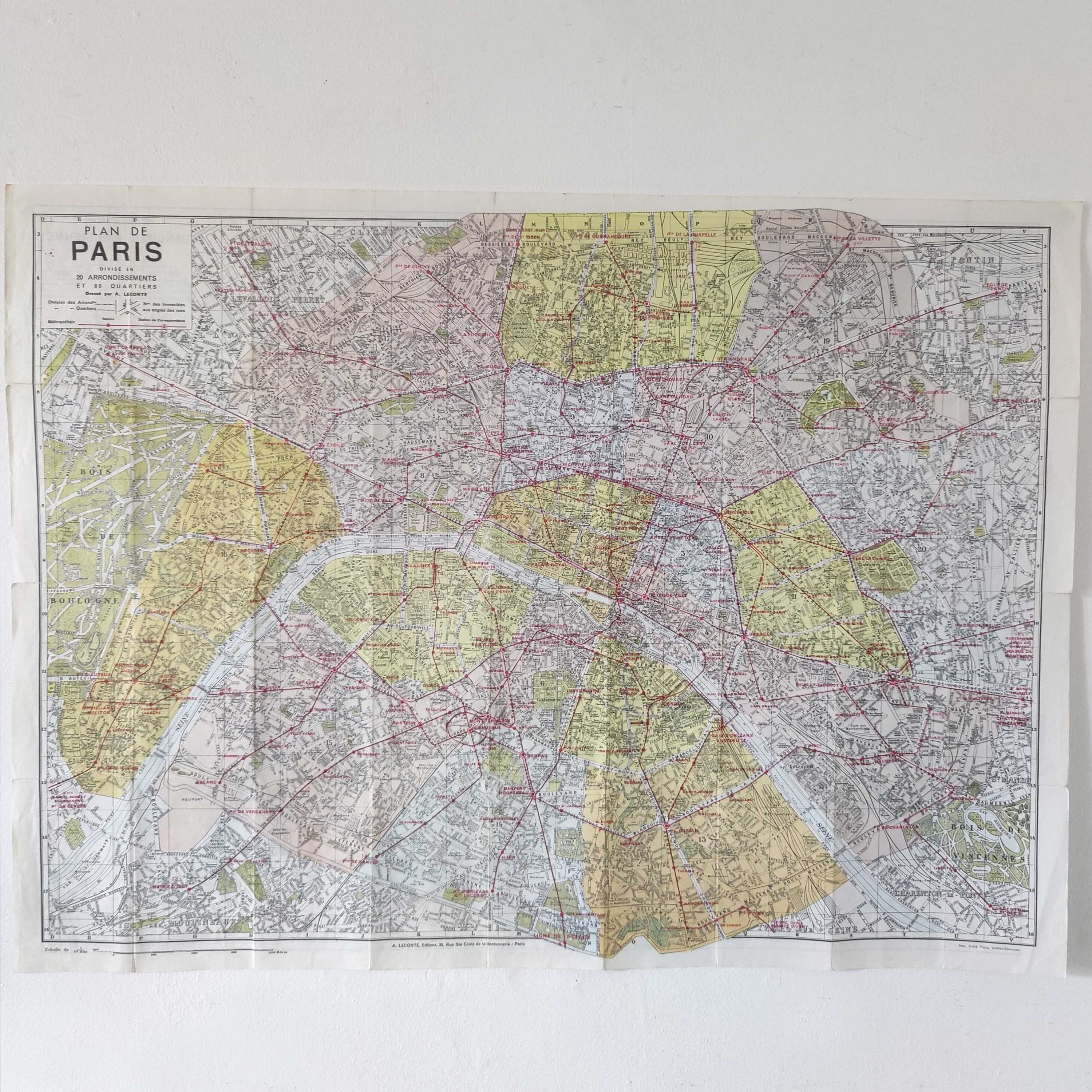 Vintage map 1970 Paris and its suburbs 75x55cm duplex