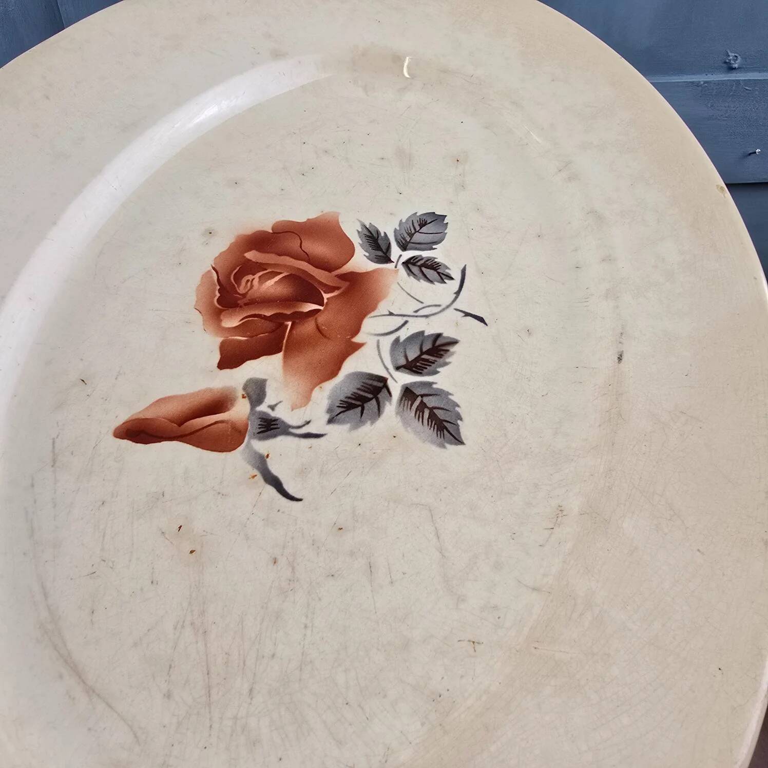 Digoin Sarreguemines plate with rose decoration, ironstone – Large patinated model