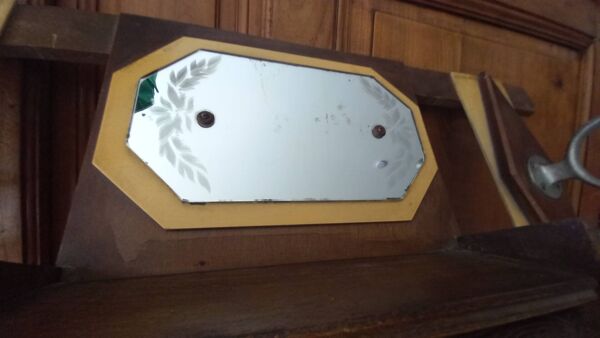 Porte-manteau mural Art Déco vintage en bois bicolore et miroir gravé