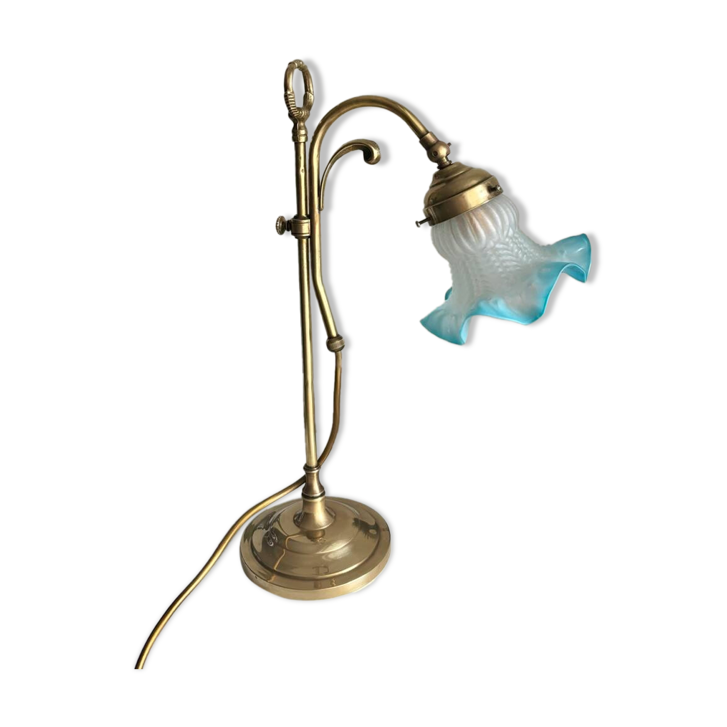 Art Nouveau style gilded brass lamp with sky blue opaline tulip