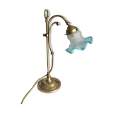 Art Nouveau style gilded brass lamp with sky blue opaline tulip