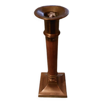 Old brass and wood candle holder