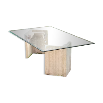 1970s design coffee table in glass and travertine