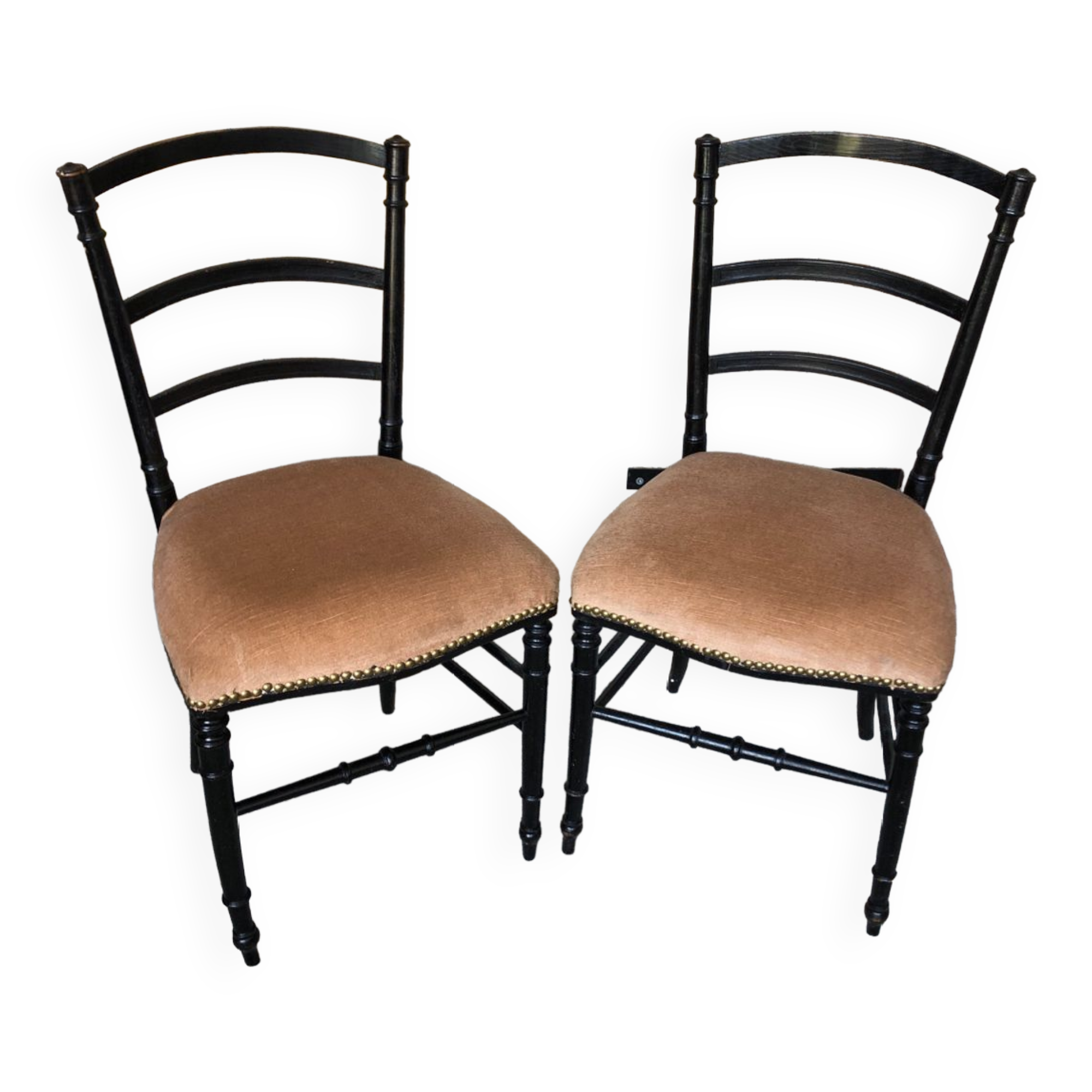 Pair of chairs napoleon 3 black wood & seat velour pink vintage #a196