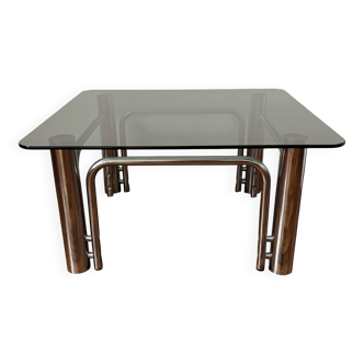 Table basse en verre fumé et chrome vintage