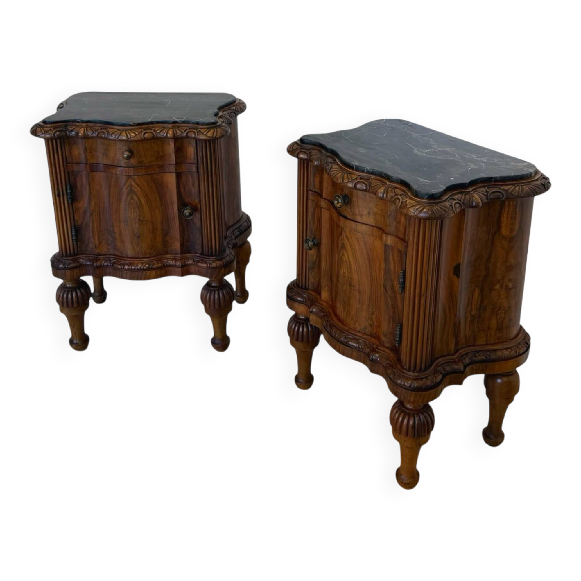 art deco walnut serpentine nightstands, 1920s