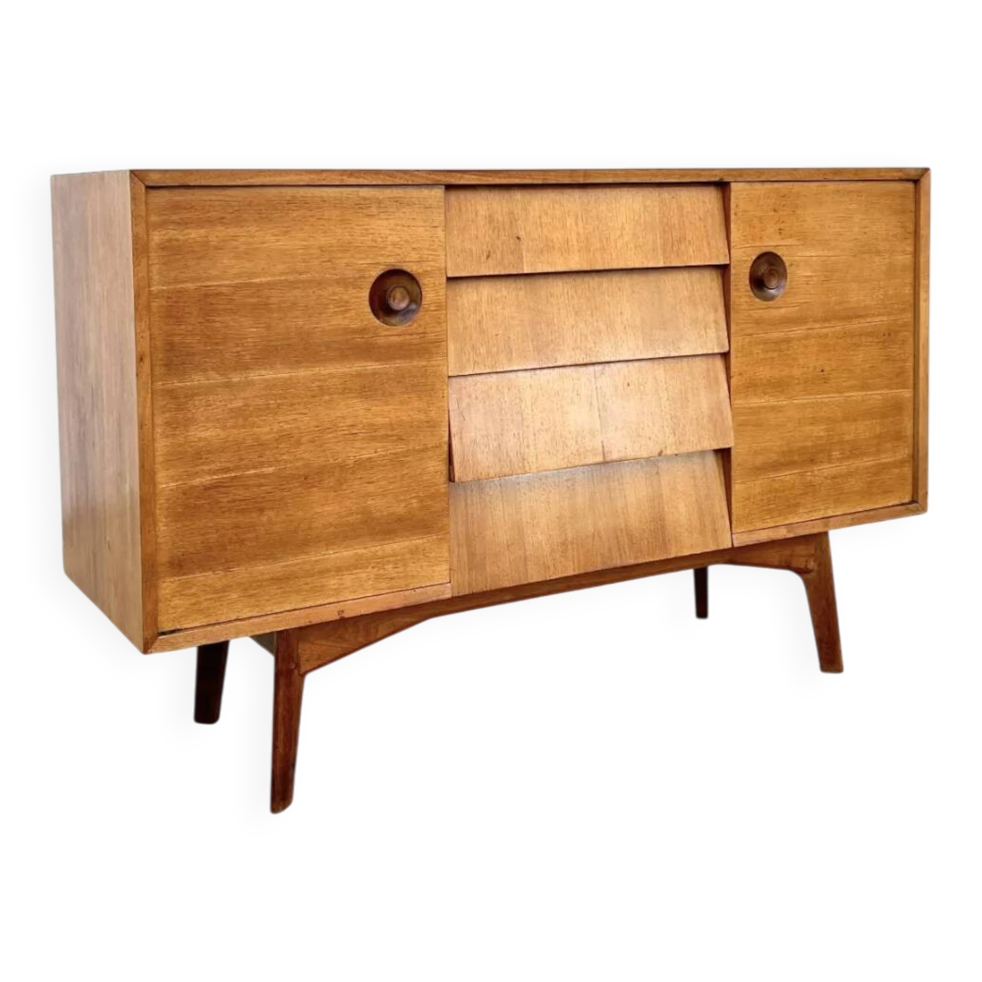Mid-century teak sideboard, 2 doors 4 drawers — brutalist spirit