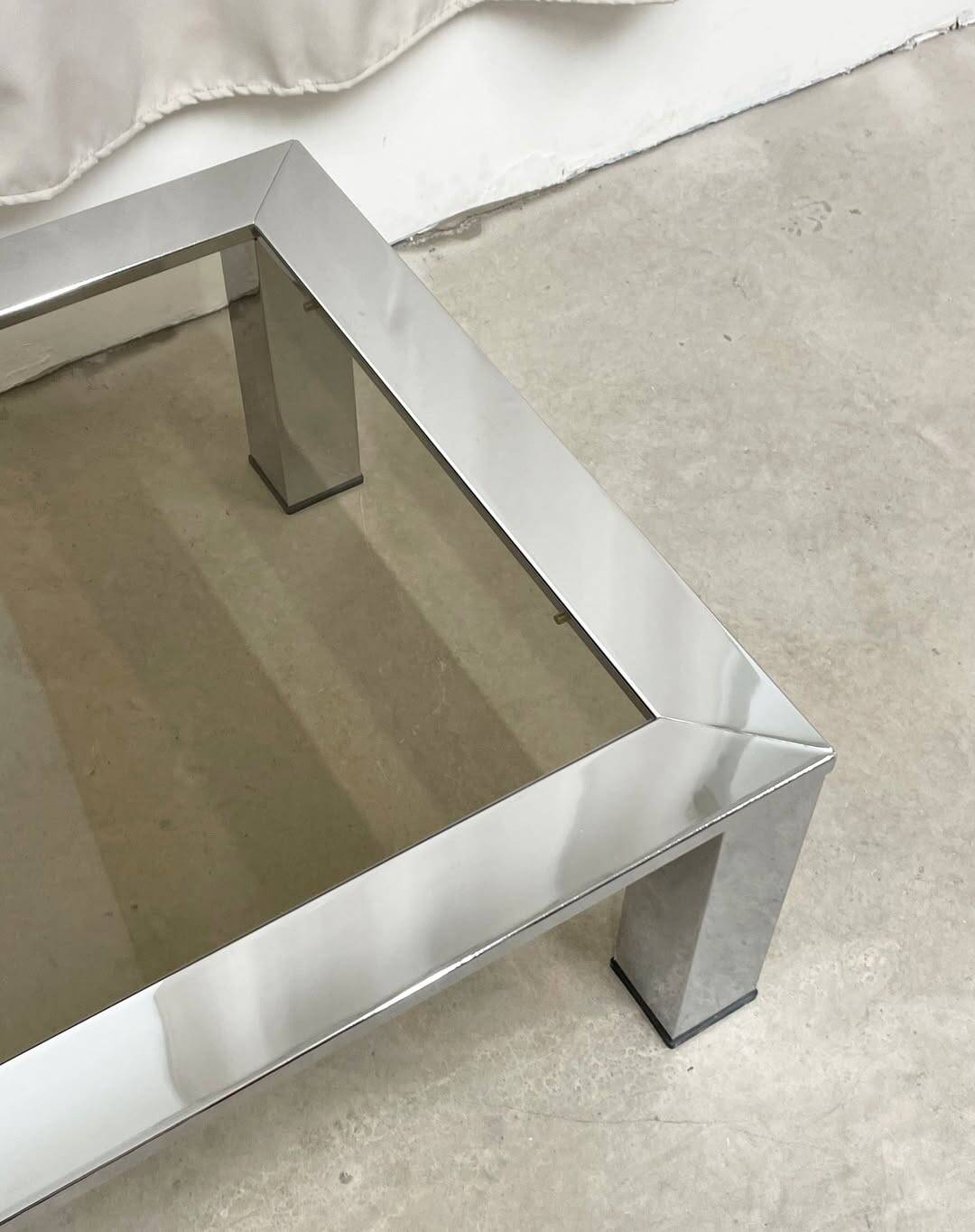 Rectangular coffee table in chromed metal and smoked glass, circa 1970