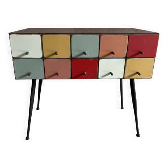 Console with 10 small drawers in assorted colors, Scandinavian style