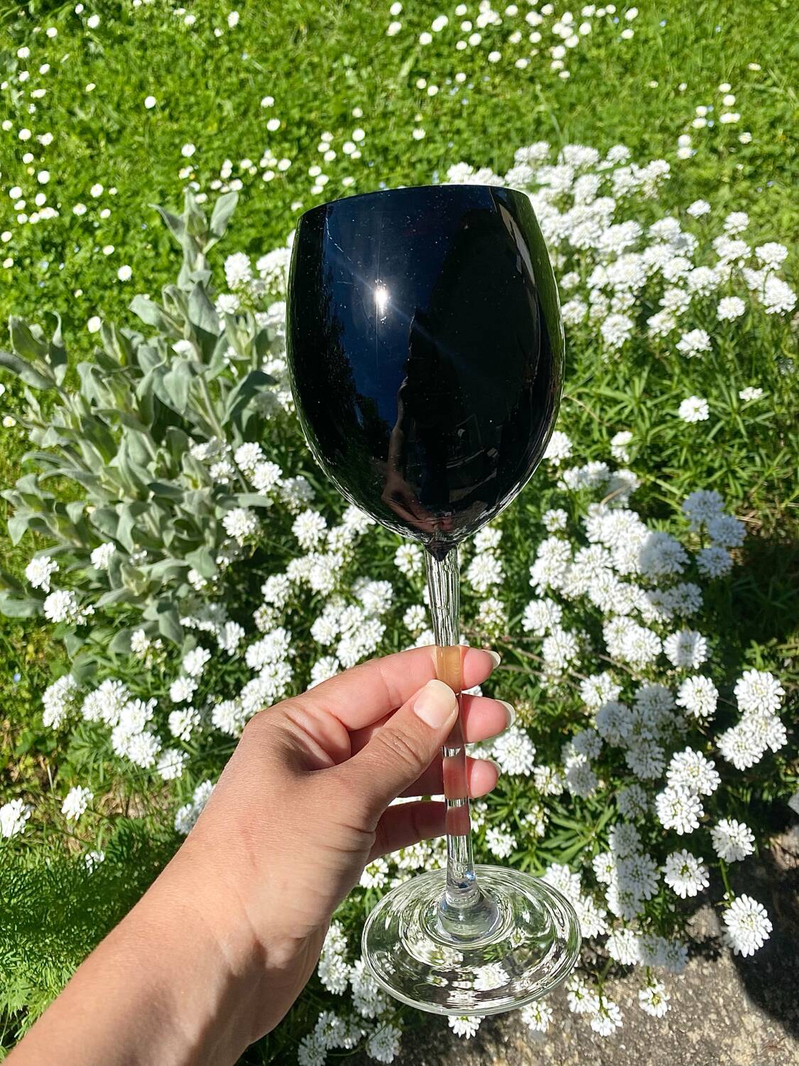Footed glasses in blown purple bubble glass, Murano style.