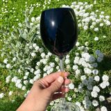 Footed glasses in blown purple bubble glass, Murano style.