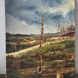 Spring landscape with tree, signed