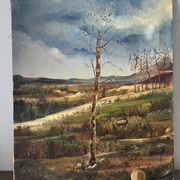 Paysage de printemps avec arbre, signé