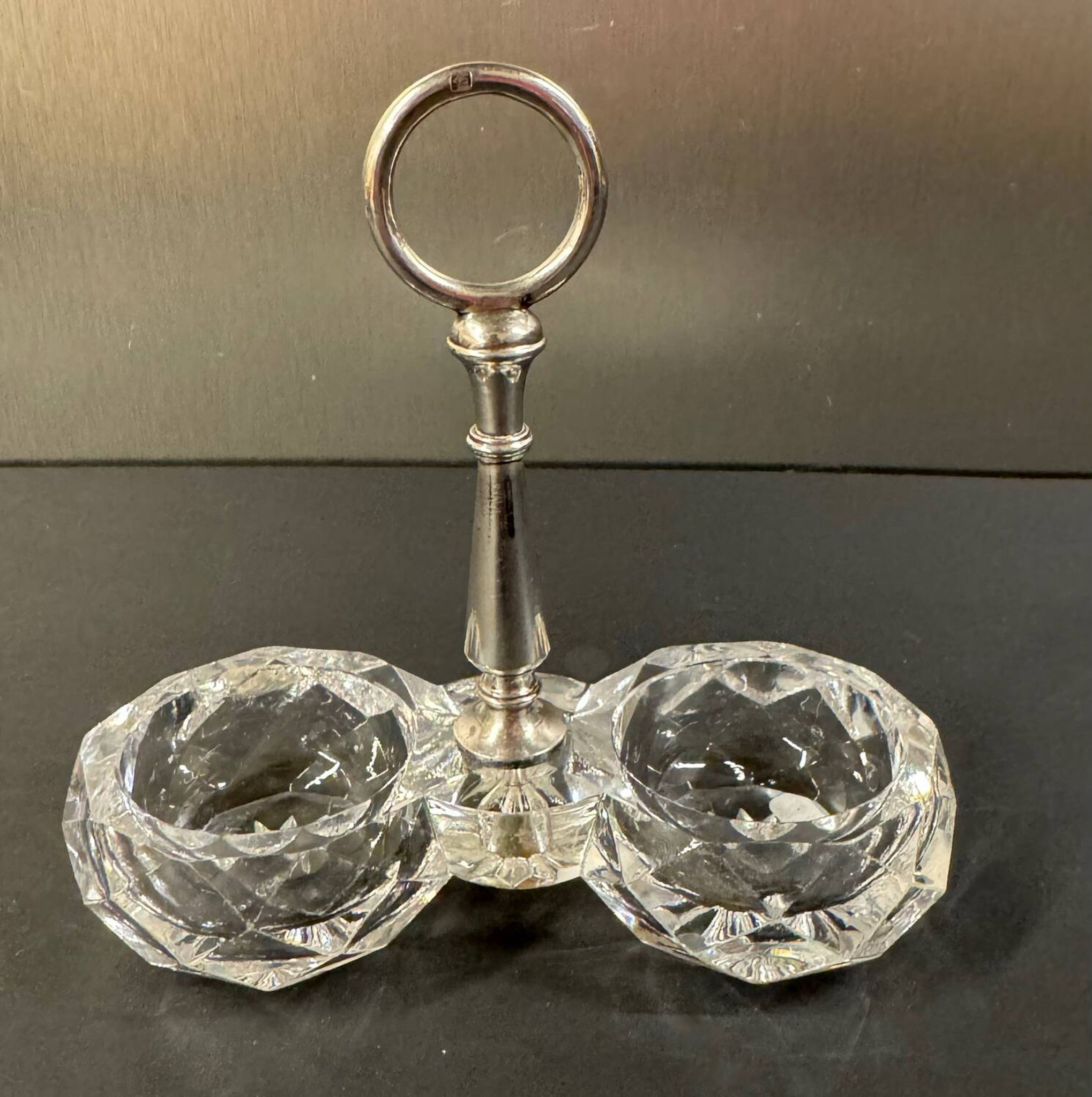 Baccarat double cut crystal salt cellar with metal mount