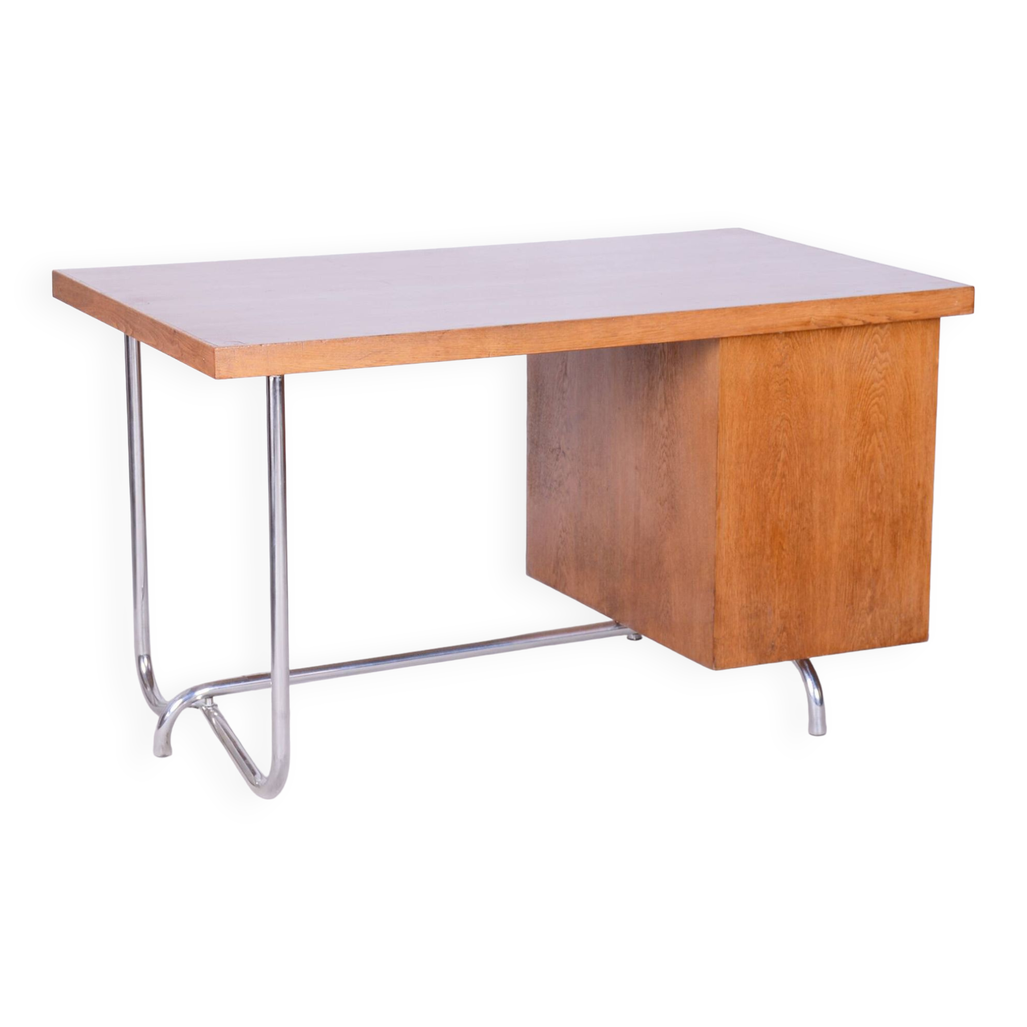 Restored Bauhaus Oak Writing Desk, Hynek Gottwald, Chrome, Czechia, 1930s