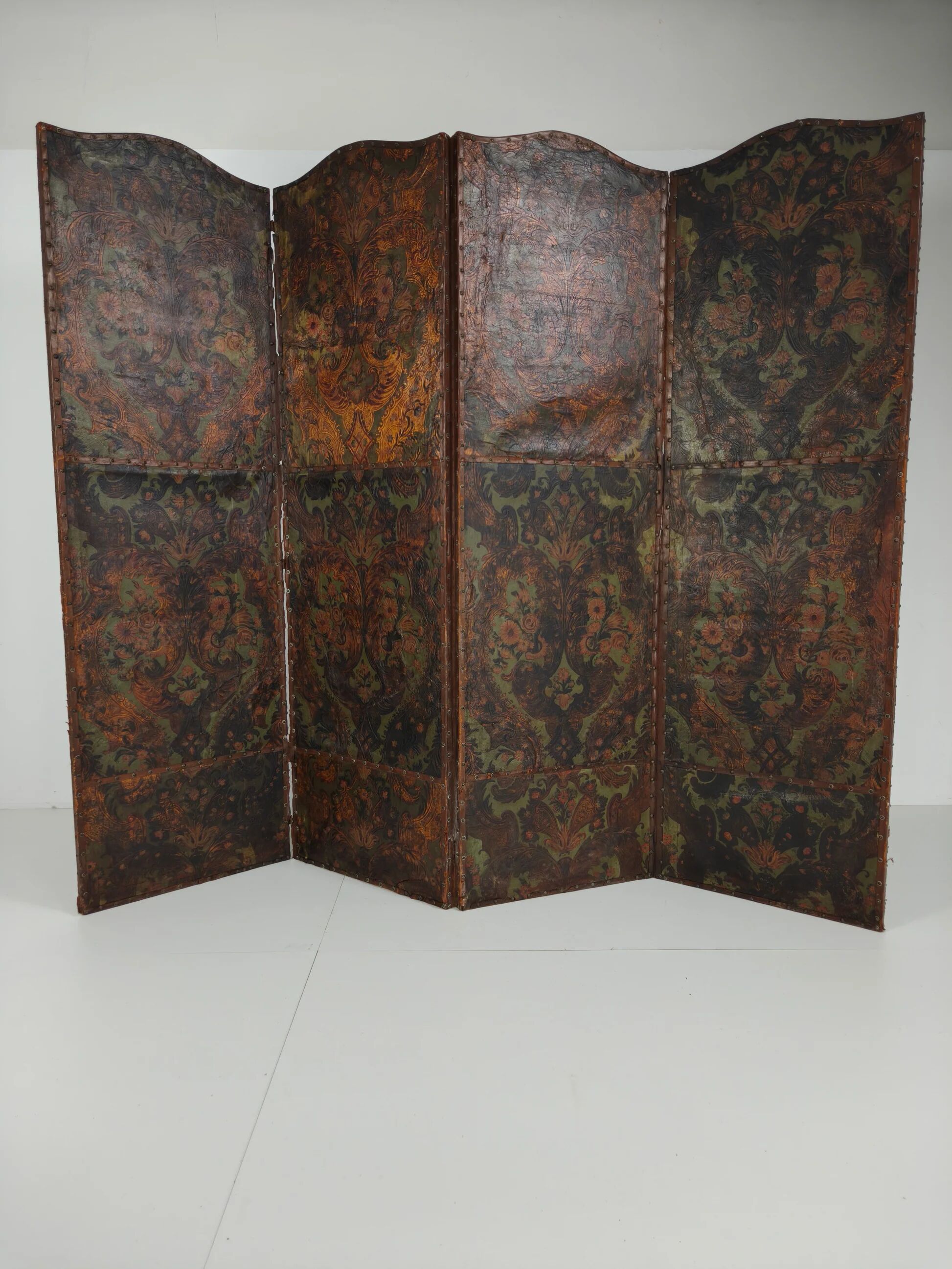 Late 18th-century Belgian embossed leather folding screen – after Daniel Marot