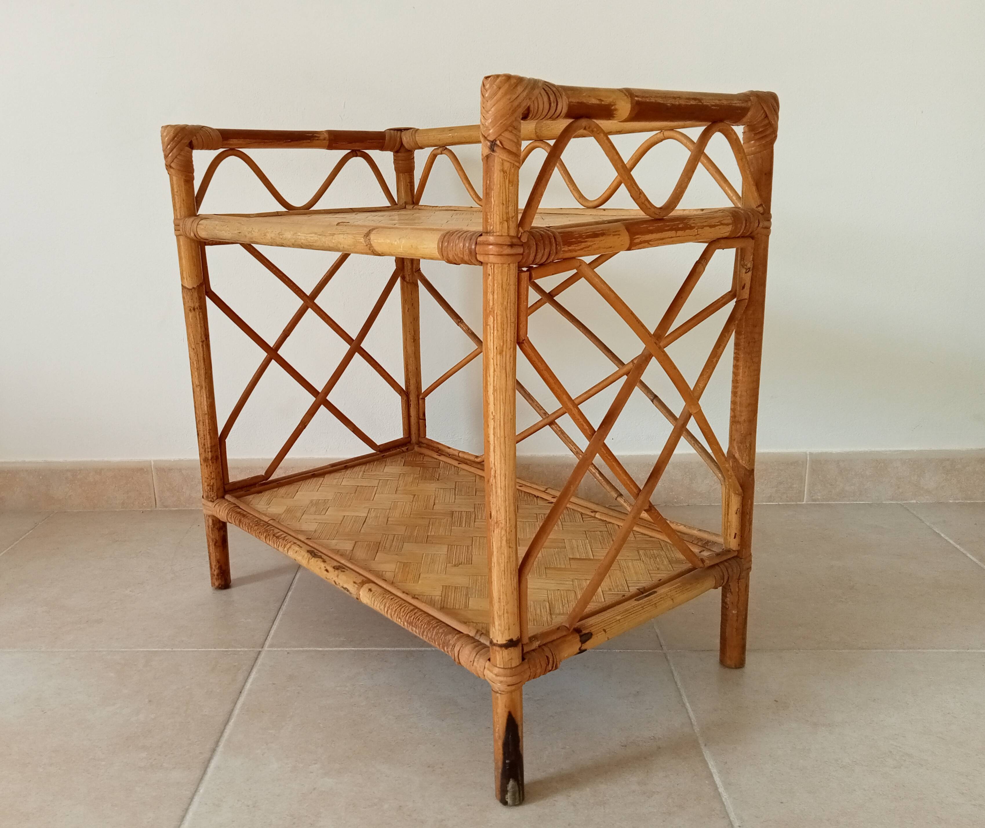 Bamboo and rattan shelf side table by Audoux and Minnet 1950s