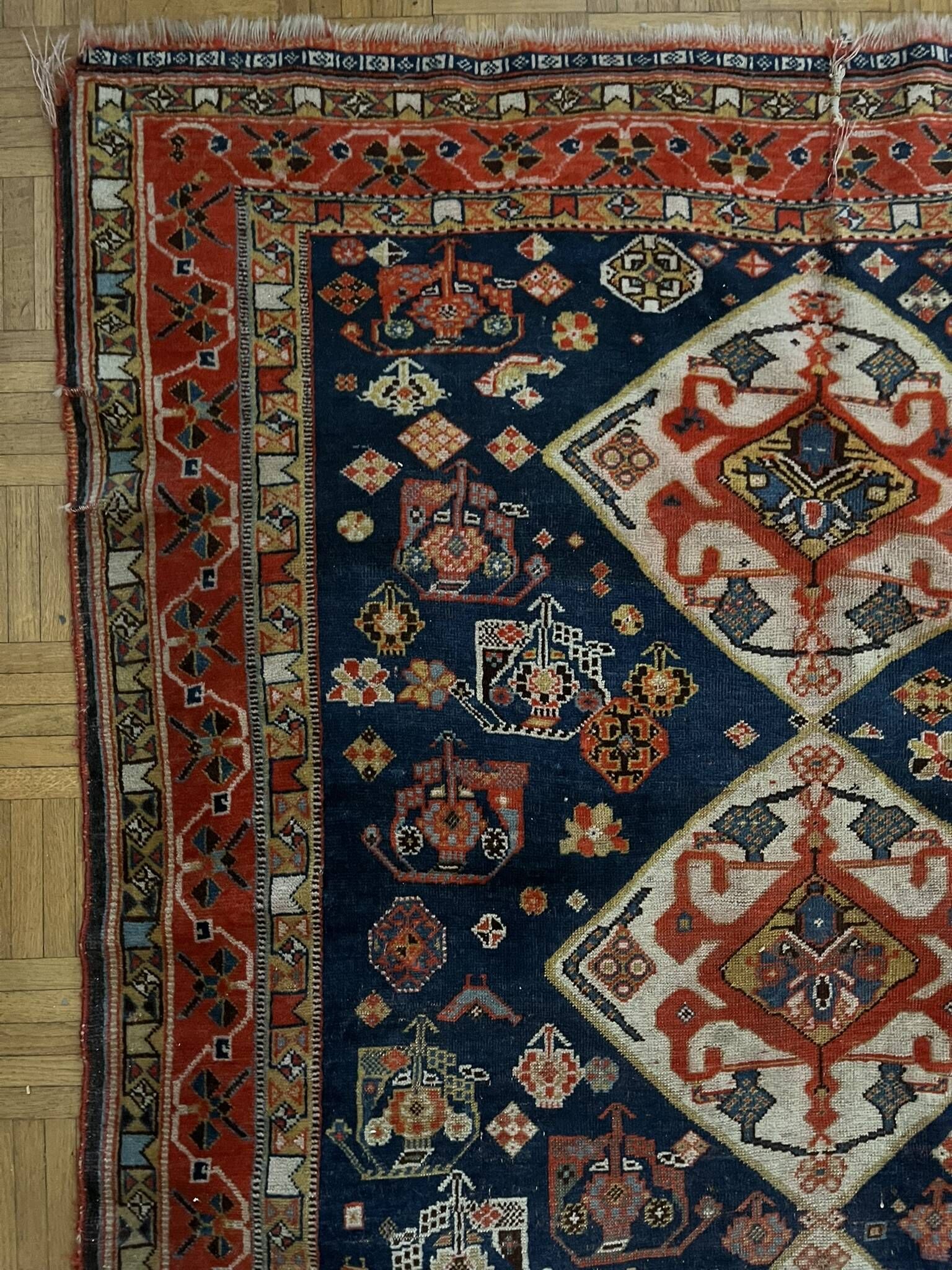 Antique handmade Persian Qashqai nomadic rug – blue background 94x112cm