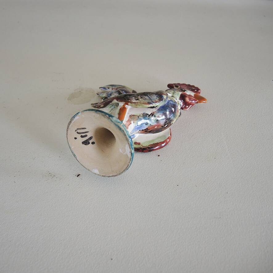 Antique Rooster Figurine in Painted Barbotine