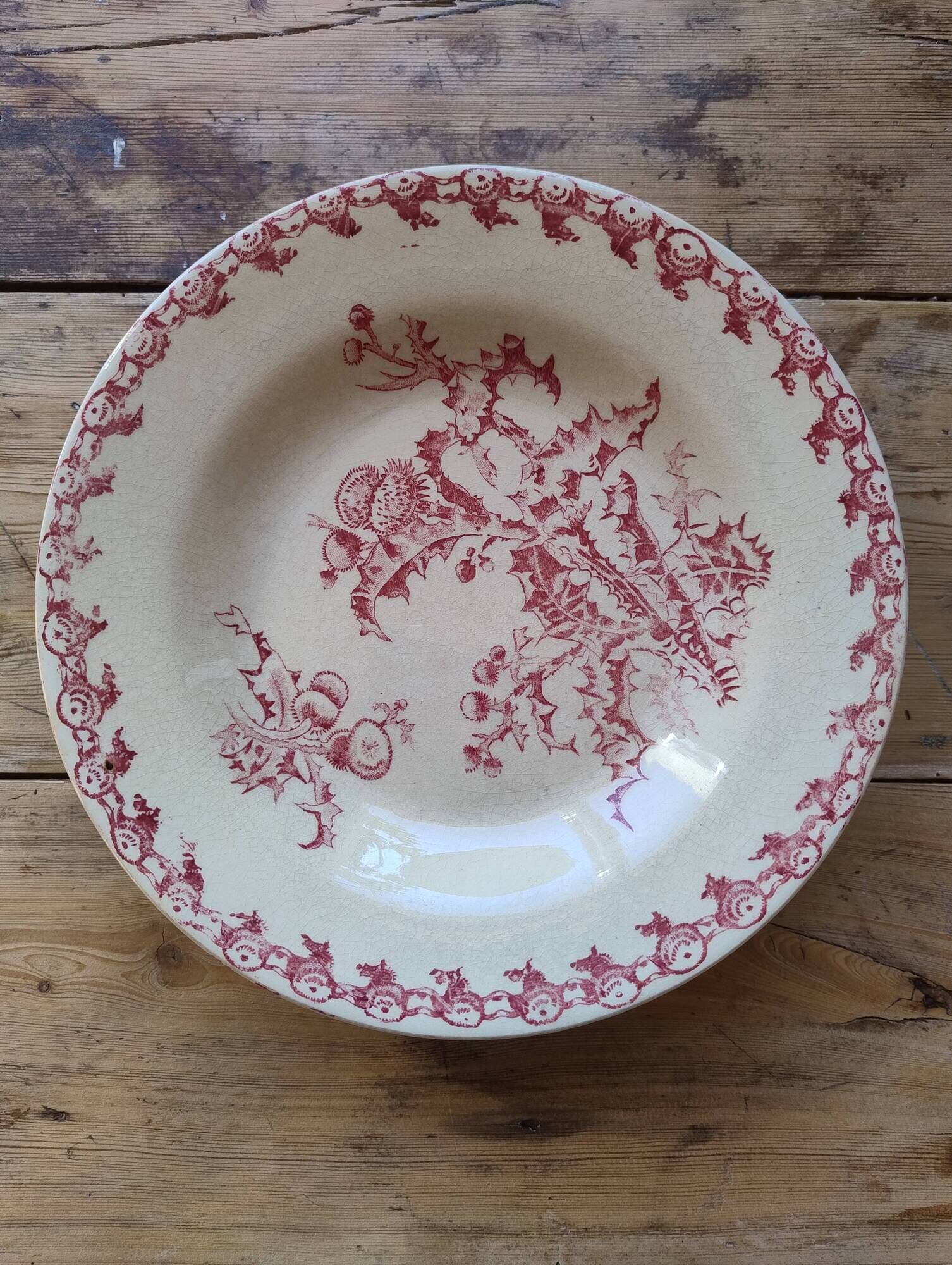 Elegant antique hollow plate in Gien faience, Thistle decoration, late 19th century.