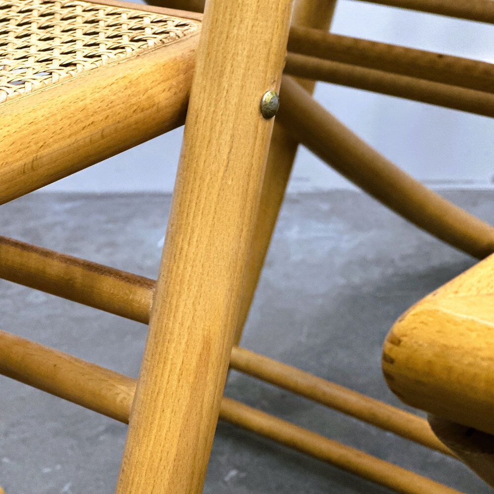 Rare set of four Belgian folding chairs in solid wood and hand-woven cane, mid-century
