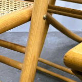 Rare set of four Belgian folding chairs in solid wood and hand-woven cane, mid-century