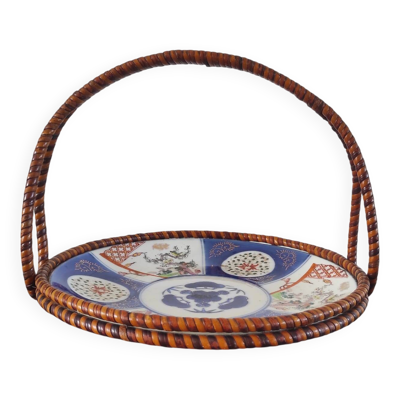Panier ancien Imari en porcelaine du Japon et rotin tressé - Ère Meiji