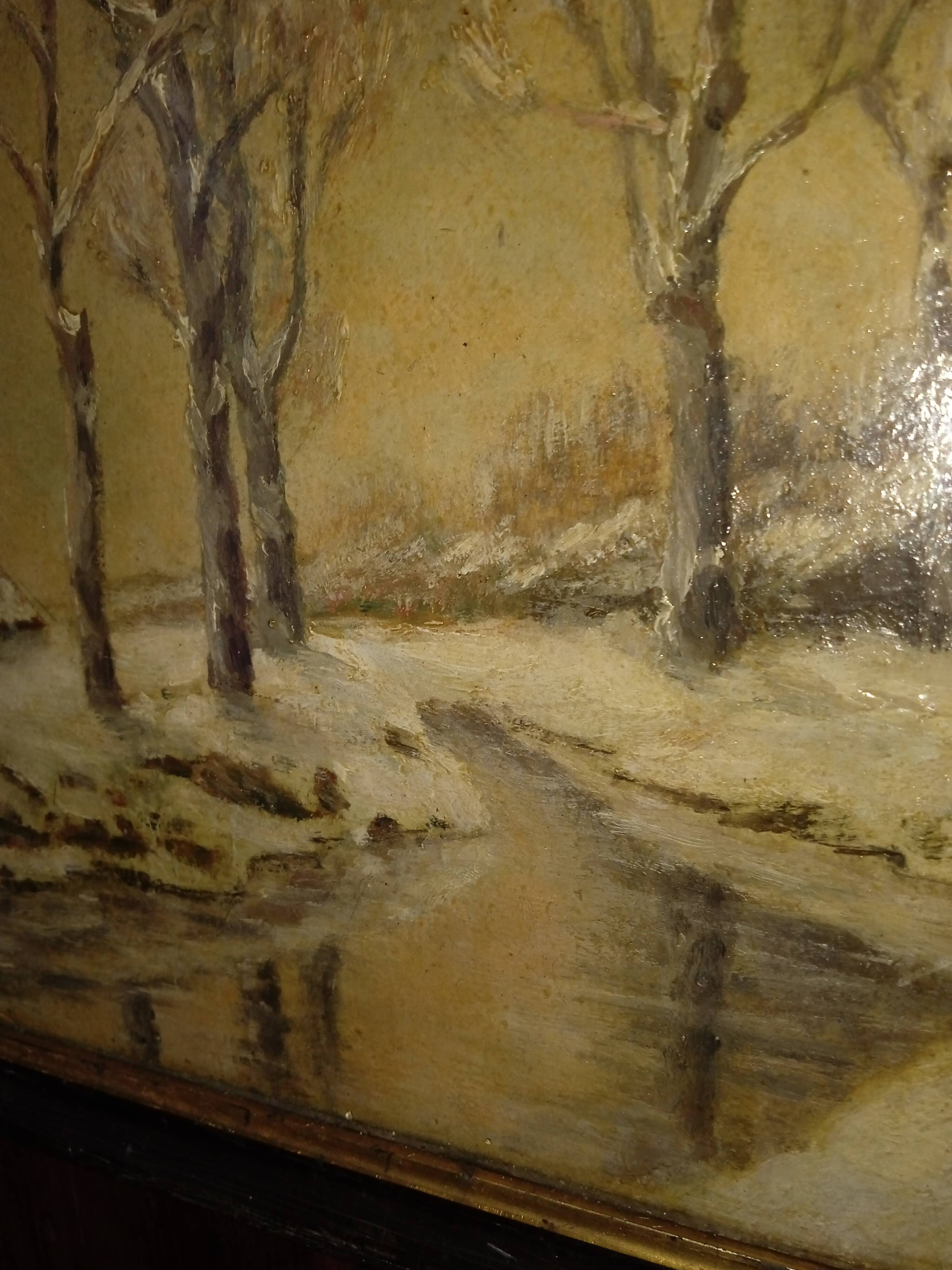 Old framed painting, oil "Wood under the snow", signed