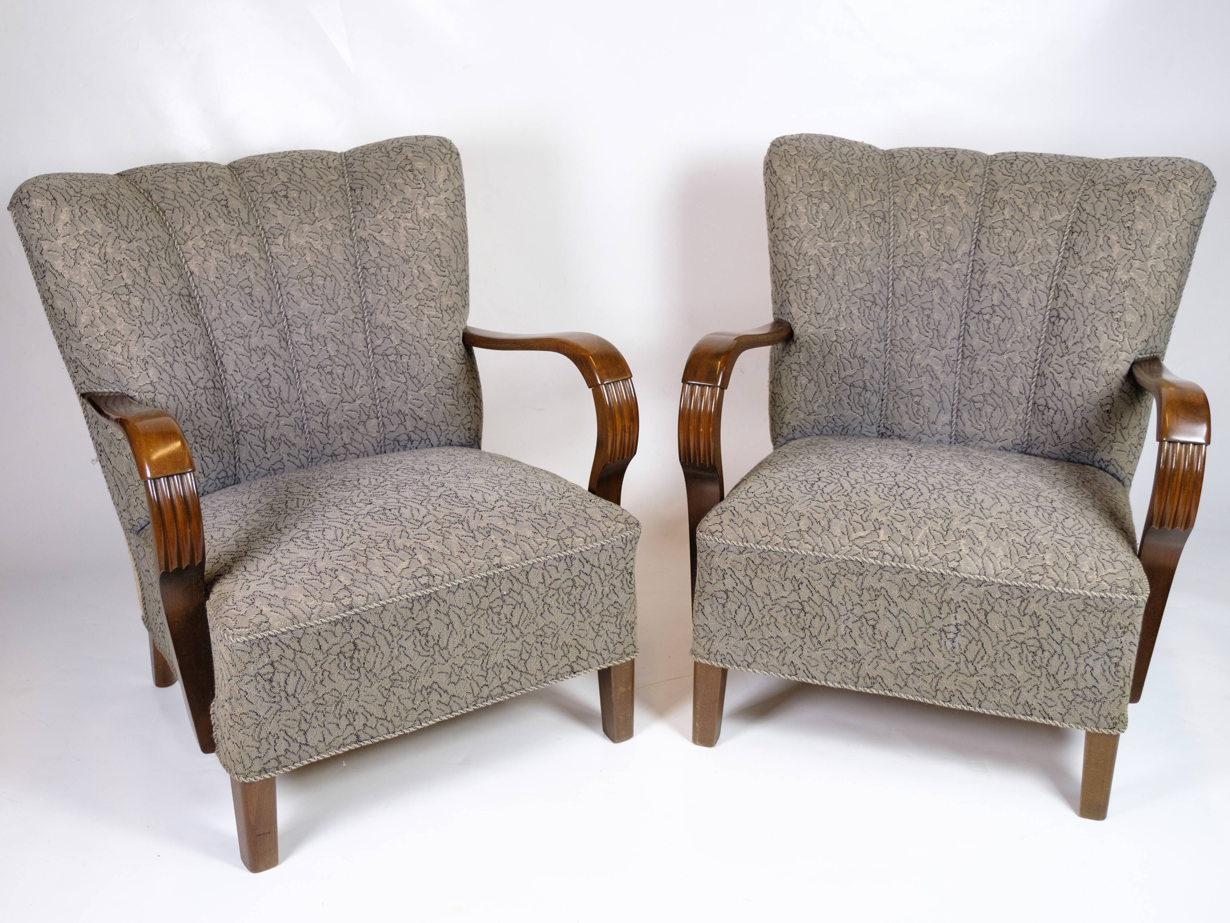 Set Of Two Armchairs In Floral Fabric & Dark Polished Wood, Danish Design From 1960s