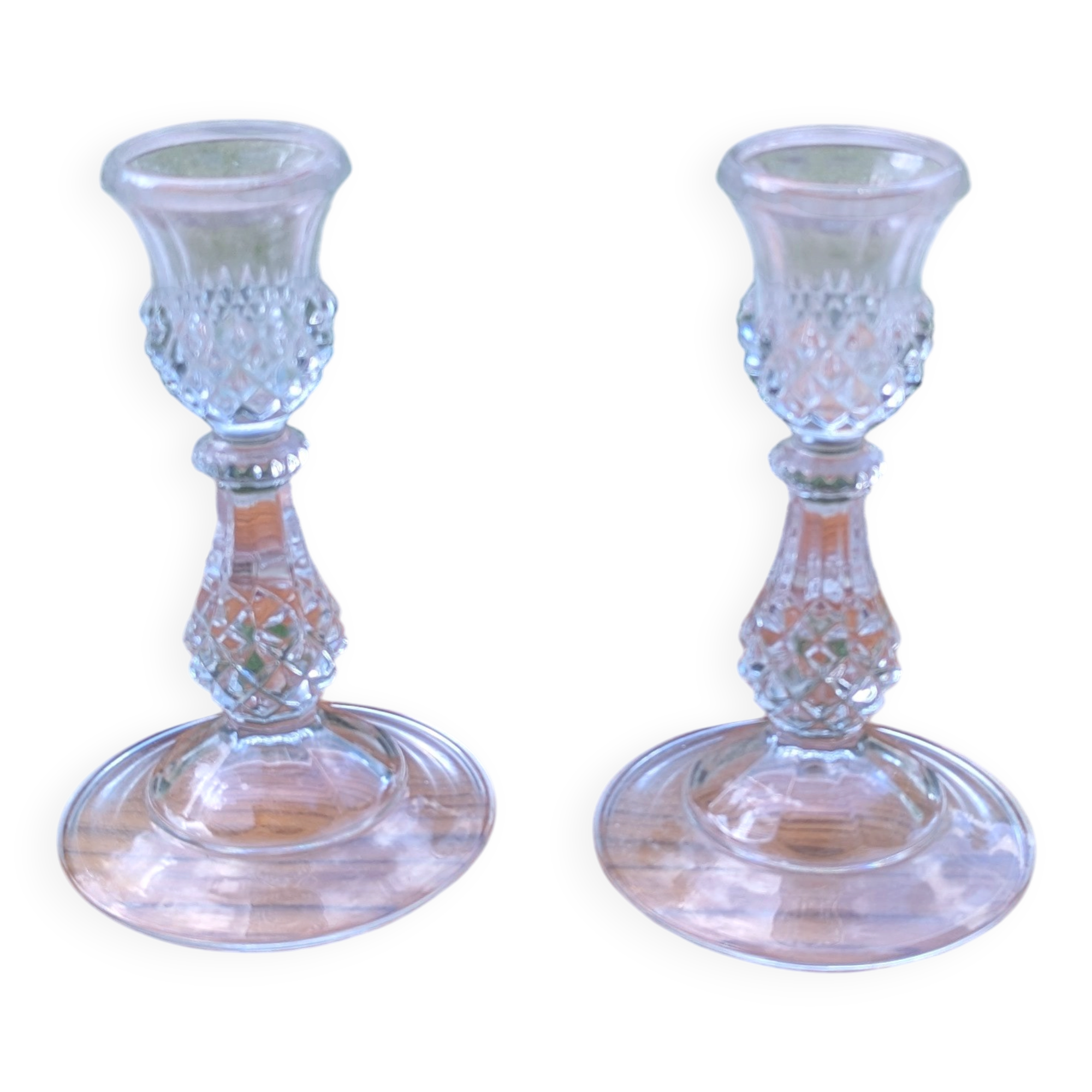 Pair of vintage glass candlesticks – Diamond point style