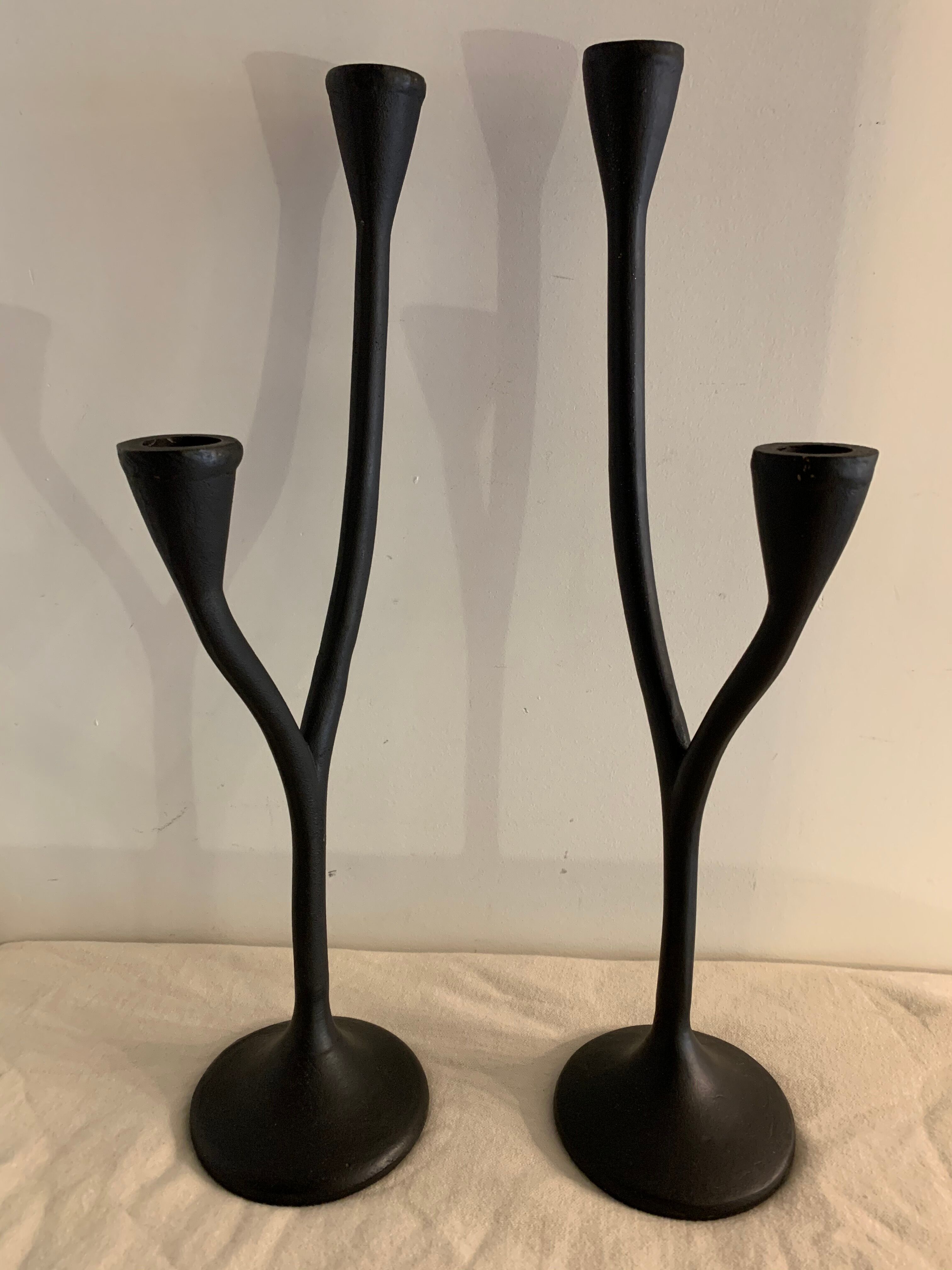 Pair of black candlesticks art deco in steel Habitat 1970