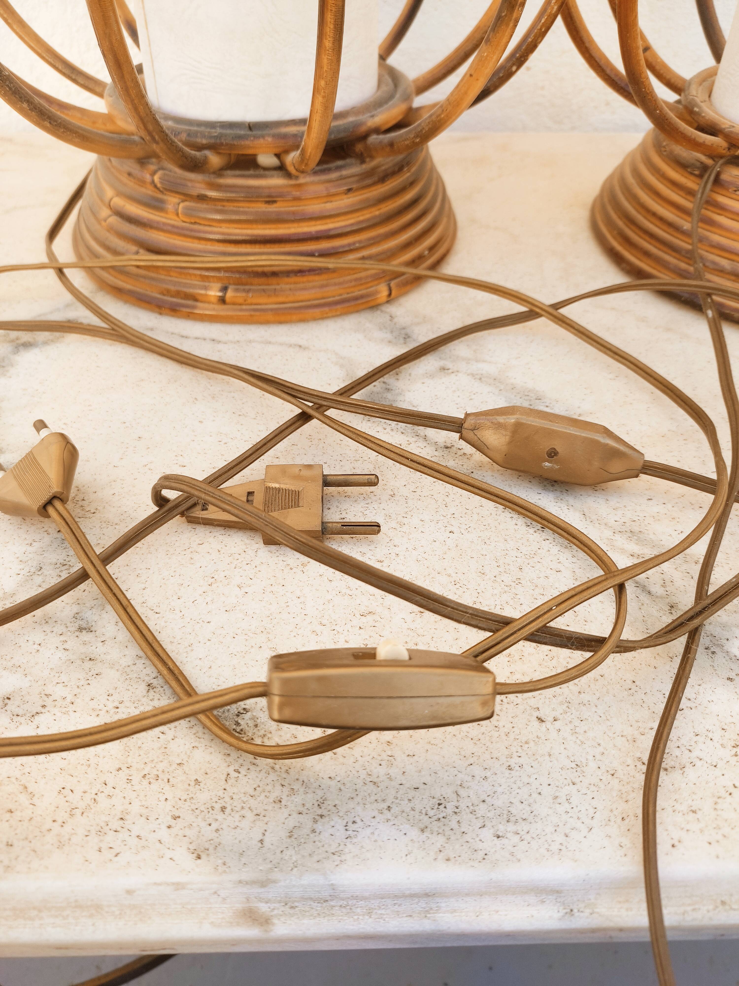 Pair of rattan lamps by Louis Sognot