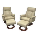 Pair of vintage leather armchairs with ottoman