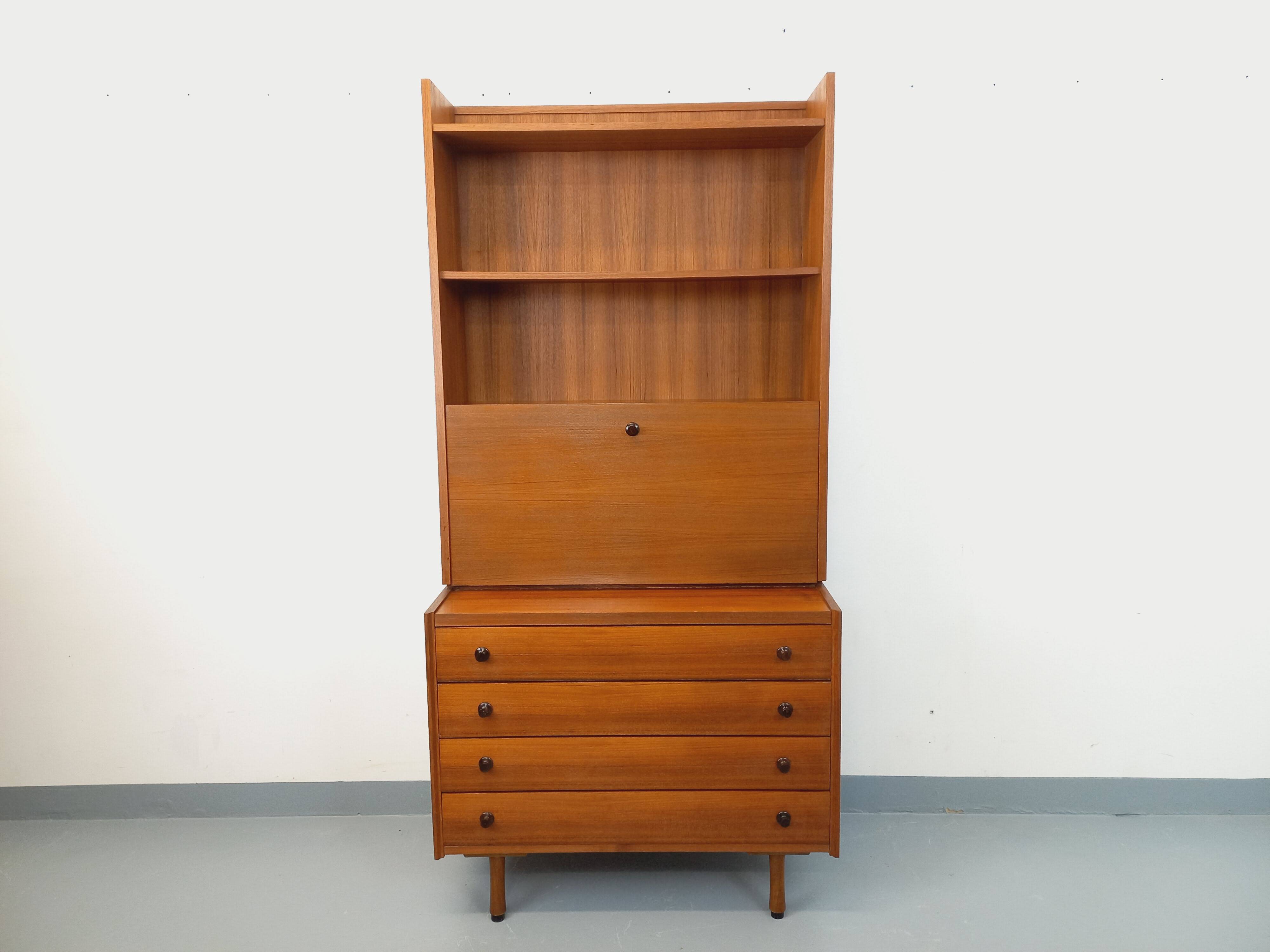 Vintage teak secretary bookcase with storage chest.